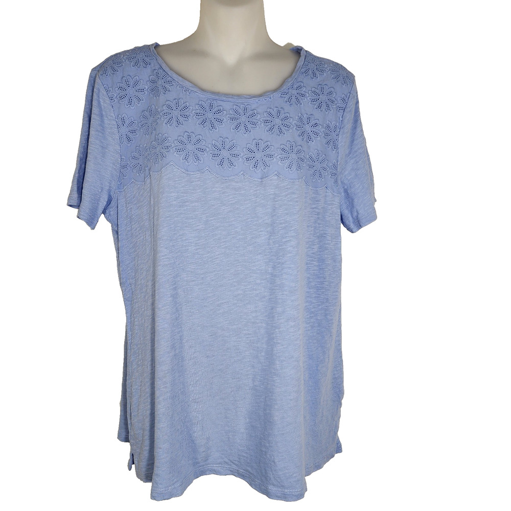 Talbots Womens Top Petite Large LP Blue Cotton Short Sleeve Embroidered Eyelet